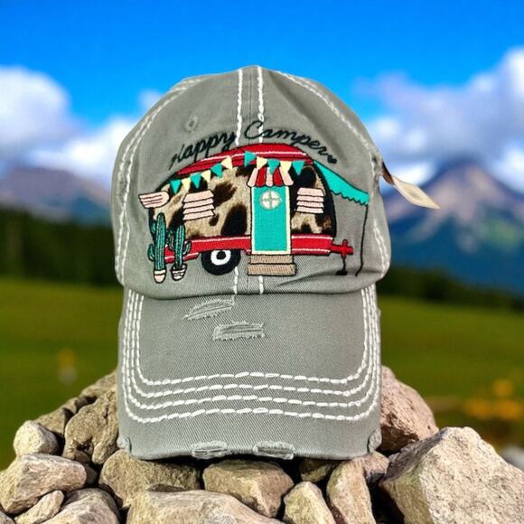 Kbethos Vintage NWT 100% Cotton Gray Happy Camper Cheetah Print Embroidered Cap - Picture 1 of 7